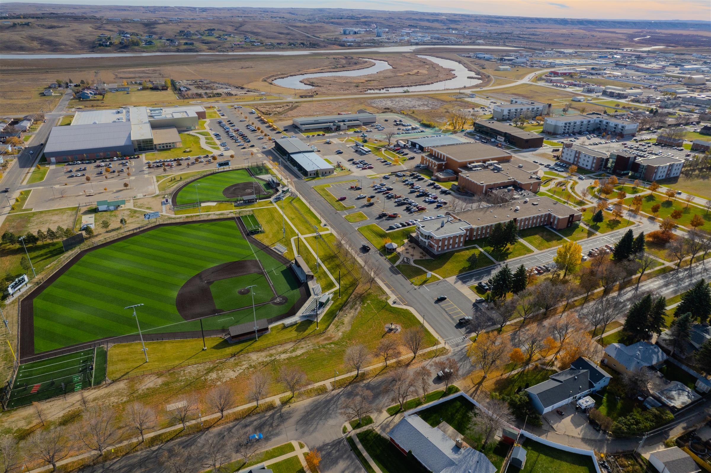 Aerial view of Williston State College baseball and softball fields